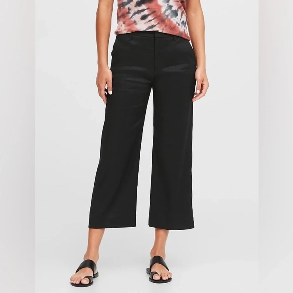 Banana Republic Women’s Slim Wide-Leg Linen Cotton Cropped Pants 8 Black